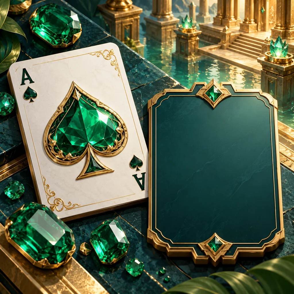 Overhead editorial detail of playing-card ace, emerald gemstones and gold temple motifs