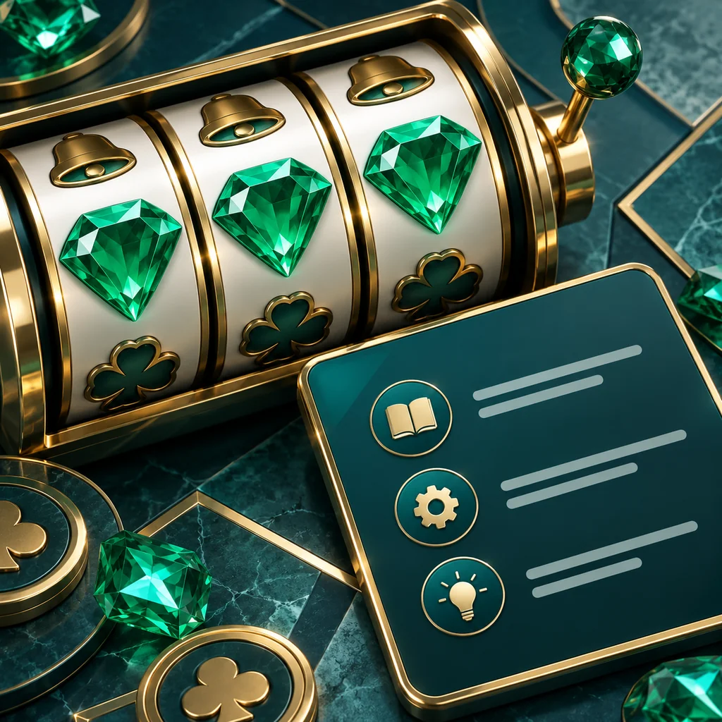 Overhead editorial detail of stylized slot reels with emerald symbols