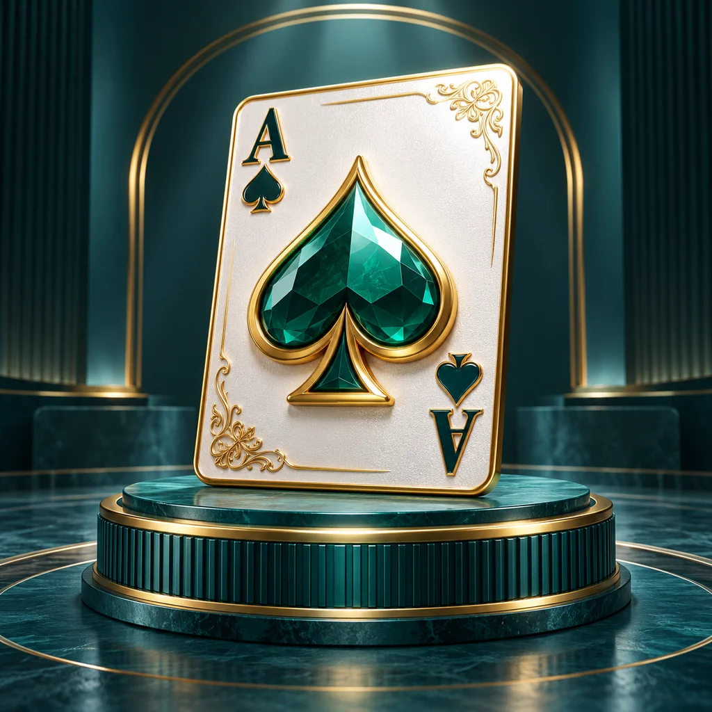 a sculptural ace playing card on a teal pedestal