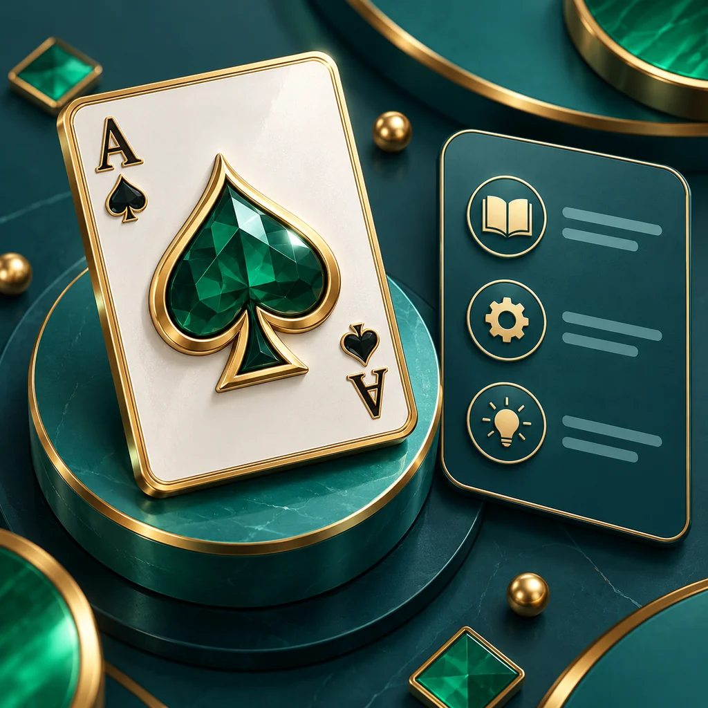 Overhead editorial detail of a sculptural ace playing card on a teal pedestal