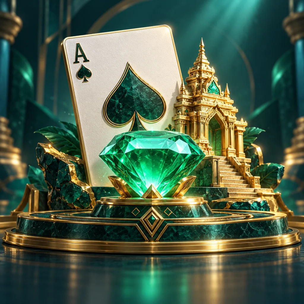 ace card, emerald gem and miniature gold temple