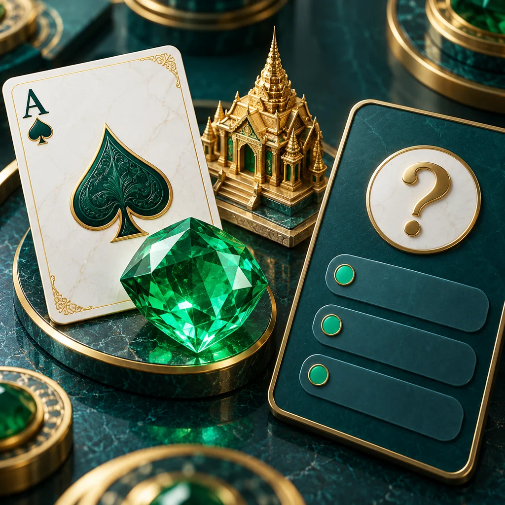 Overhead editorial detail of ace card, emerald gem and miniature gold temple