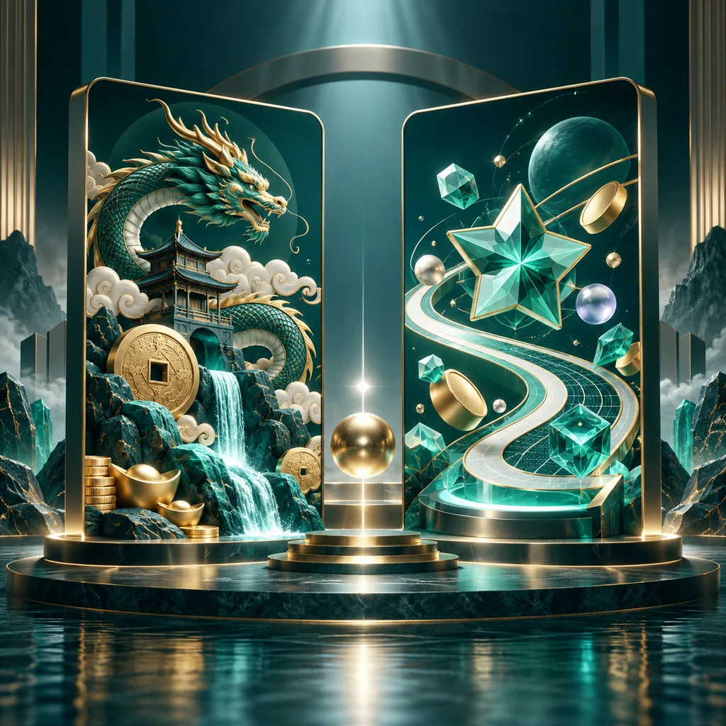 two balanced teal display panels with different abstract game motifs