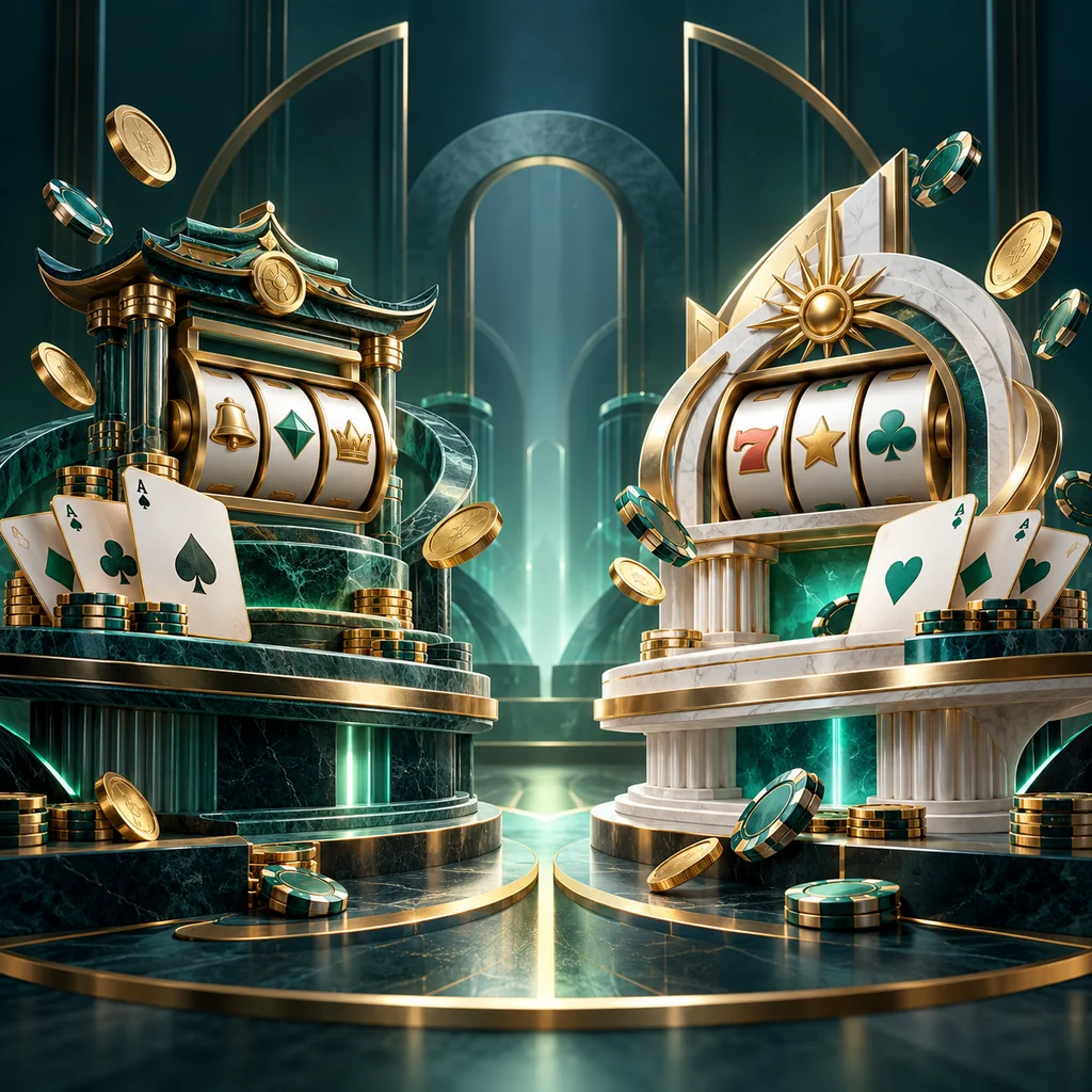 two sculptural game platforms with reels and cards