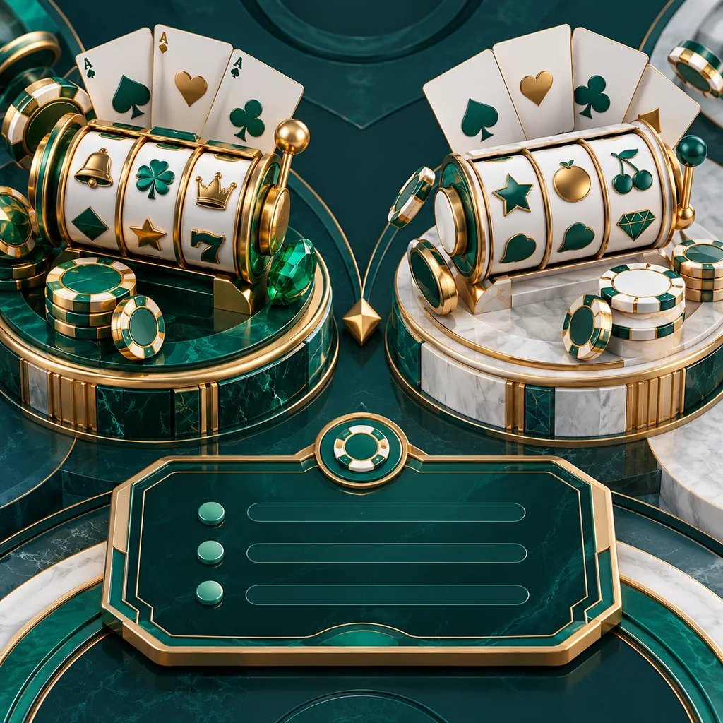 Overhead editorial detail of two sculptural game platforms with reels and cards