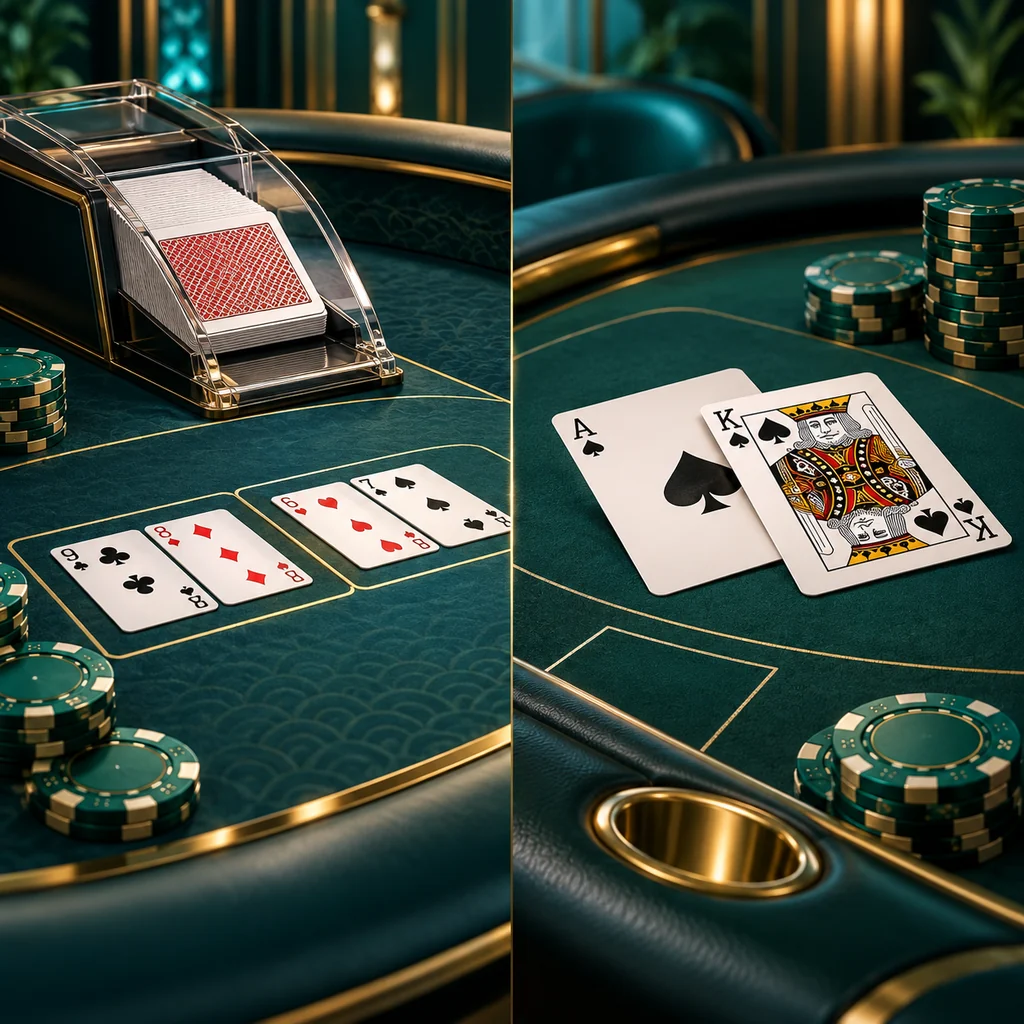 two contrasting card tables side by side, baccarat shoe versus ace and king