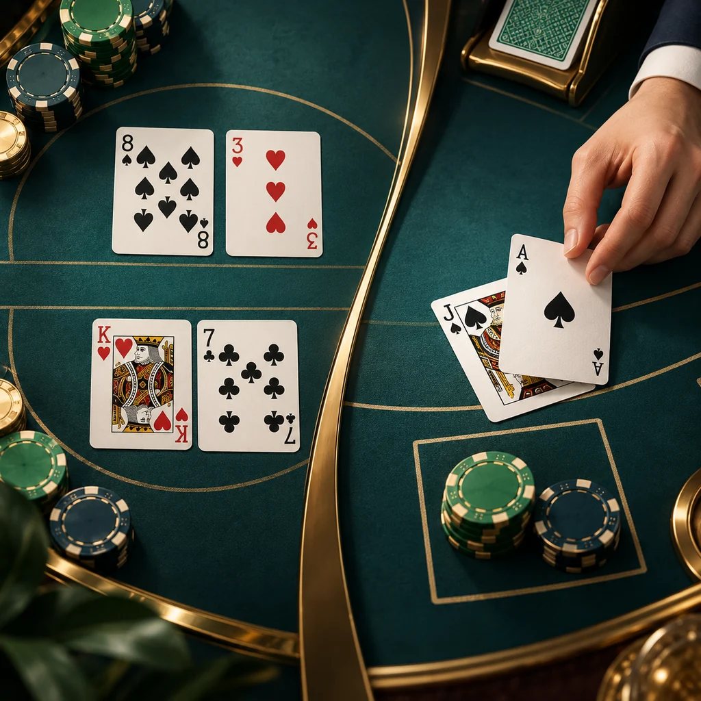 overhead split still life of baccarat paired hands and blackjack hand