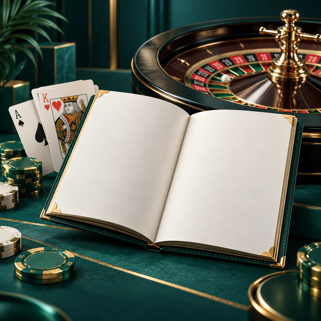 elegant blank information booklet beside roulette wheel and cards