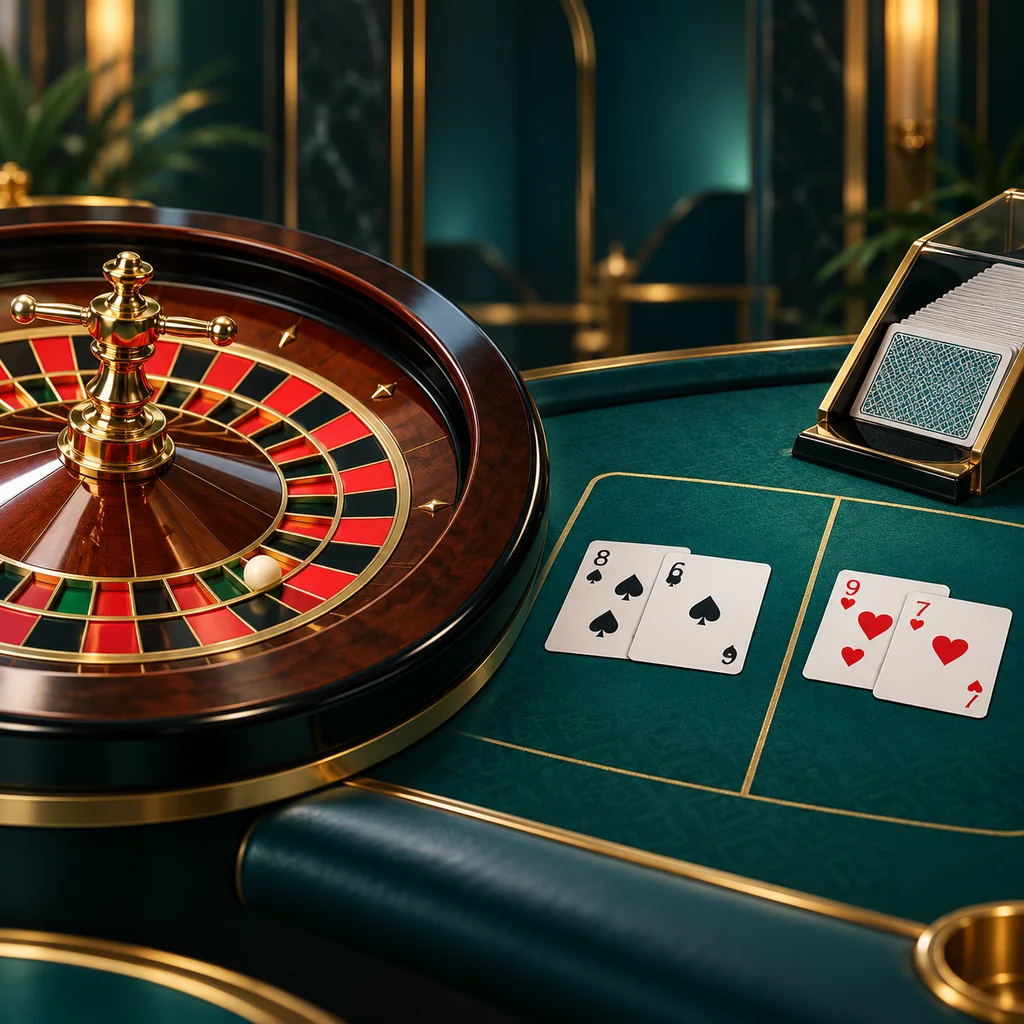 roulette wheel on left and baccarat cards with shoe on right