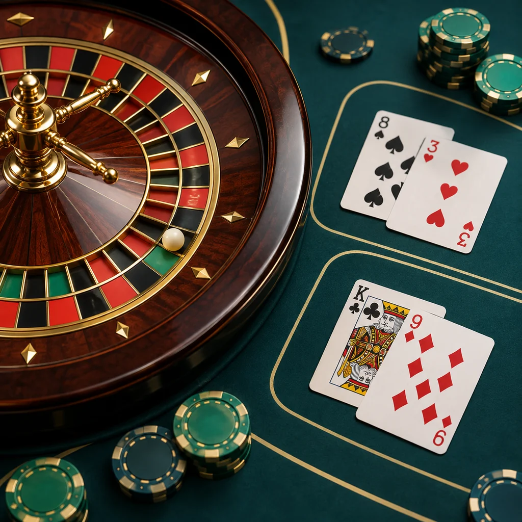 overhead roulette ball and wheel beside separate baccarat hands on teal felt
