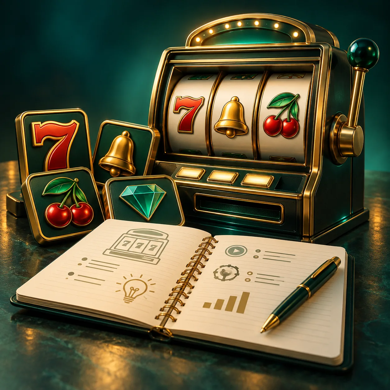Editorial illustration: a simple generic slot machine with clearly separated symbol tiles and an open beginners notebook