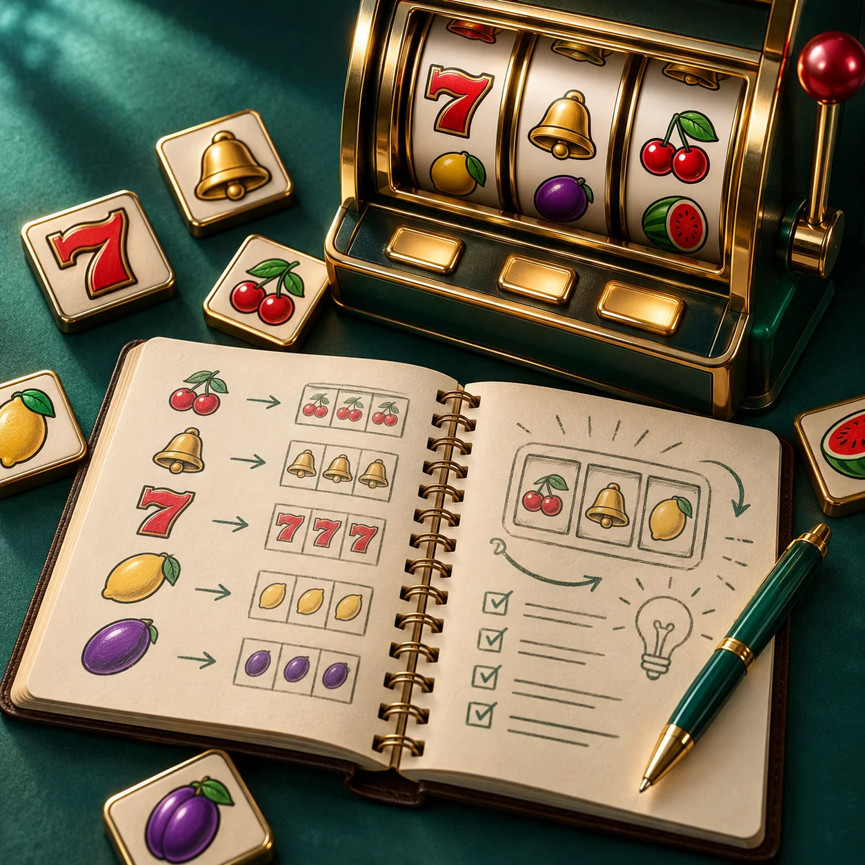 Supporting illustration: a simple generic slot machine with clearly separated symbol tiles and an open beginners notebook
