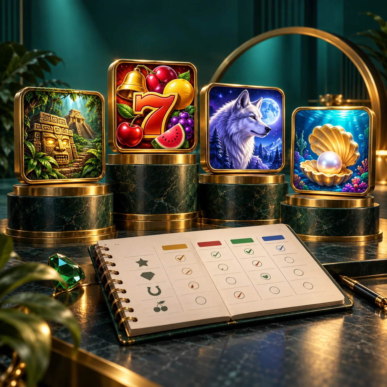 Editorial illustration: four distinct generic slot game tiles displayed on elegant pedestal stands, with a comparison notebook