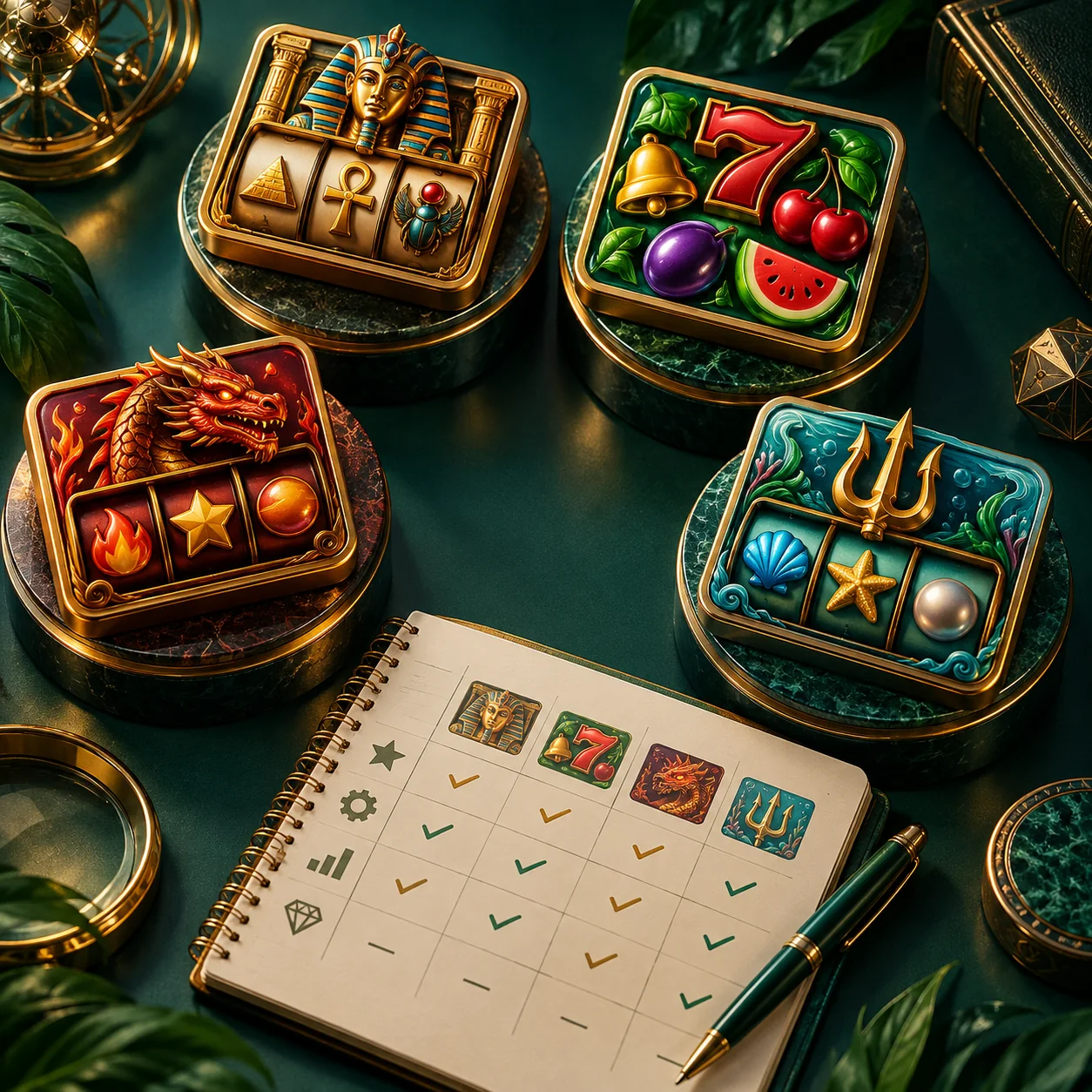 Supporting illustration: four distinct generic slot game tiles displayed on elegant pedestal stands, with a comparison notebook