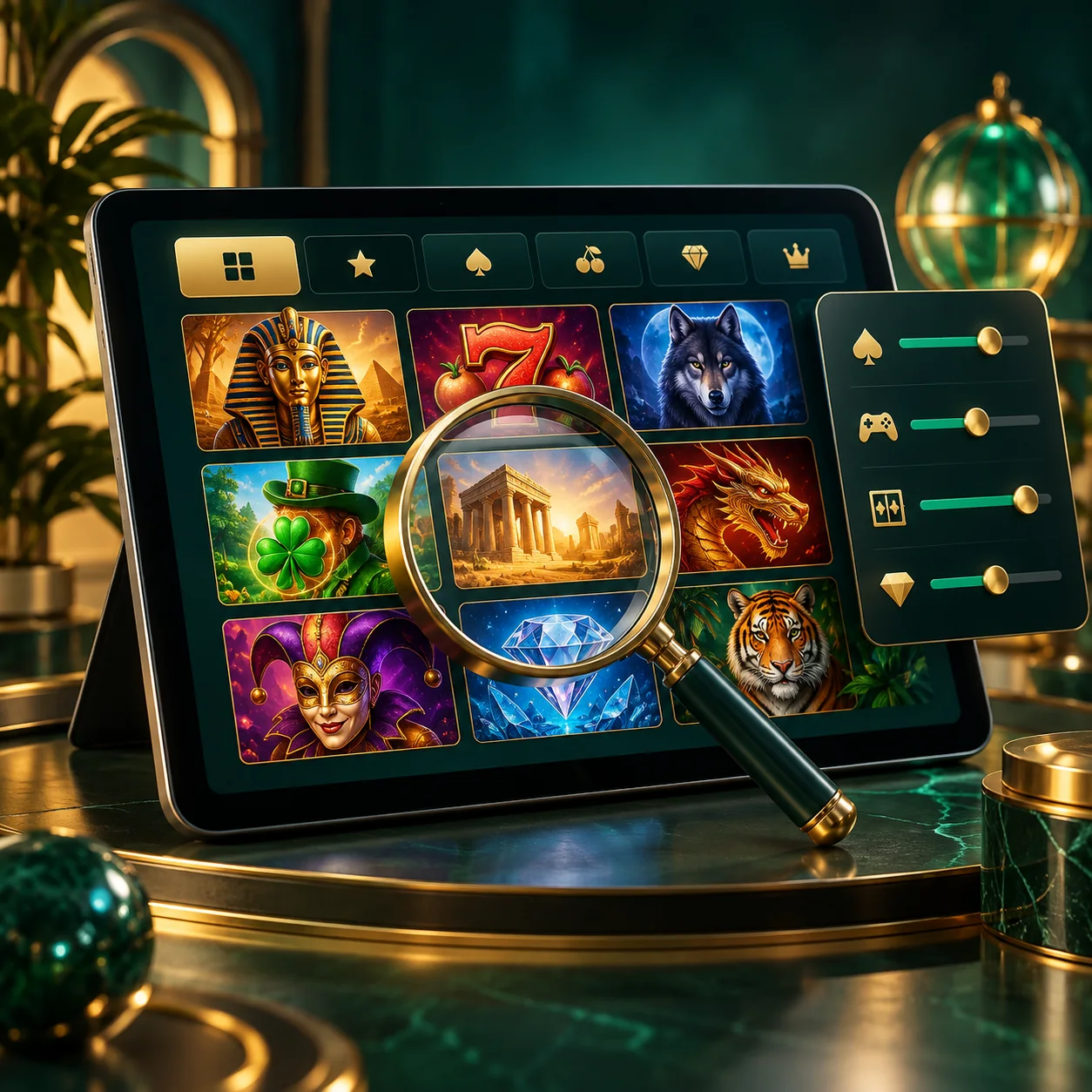 Editorial illustration: generic casino lobby grid on a tablet with magnifying glass and filter sliders