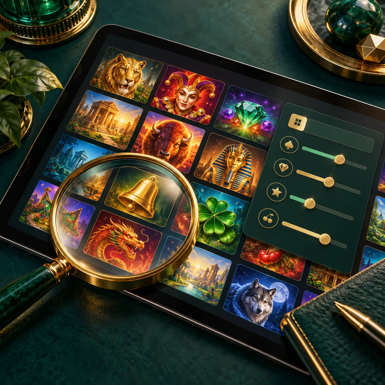 Supporting illustration: generic casino lobby grid on a tablet with magnifying glass and filter sliders