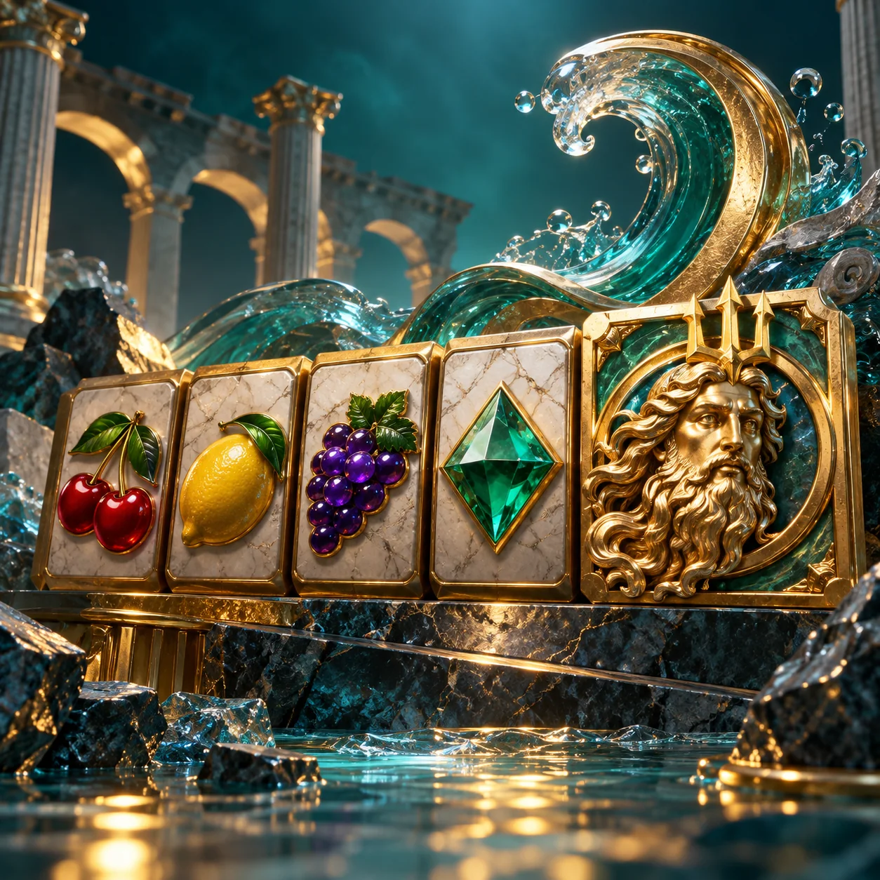 Editorial illustration: mythology, fruit and gem reel tiles beside a feature symbol and abstract volatility wave sculpture