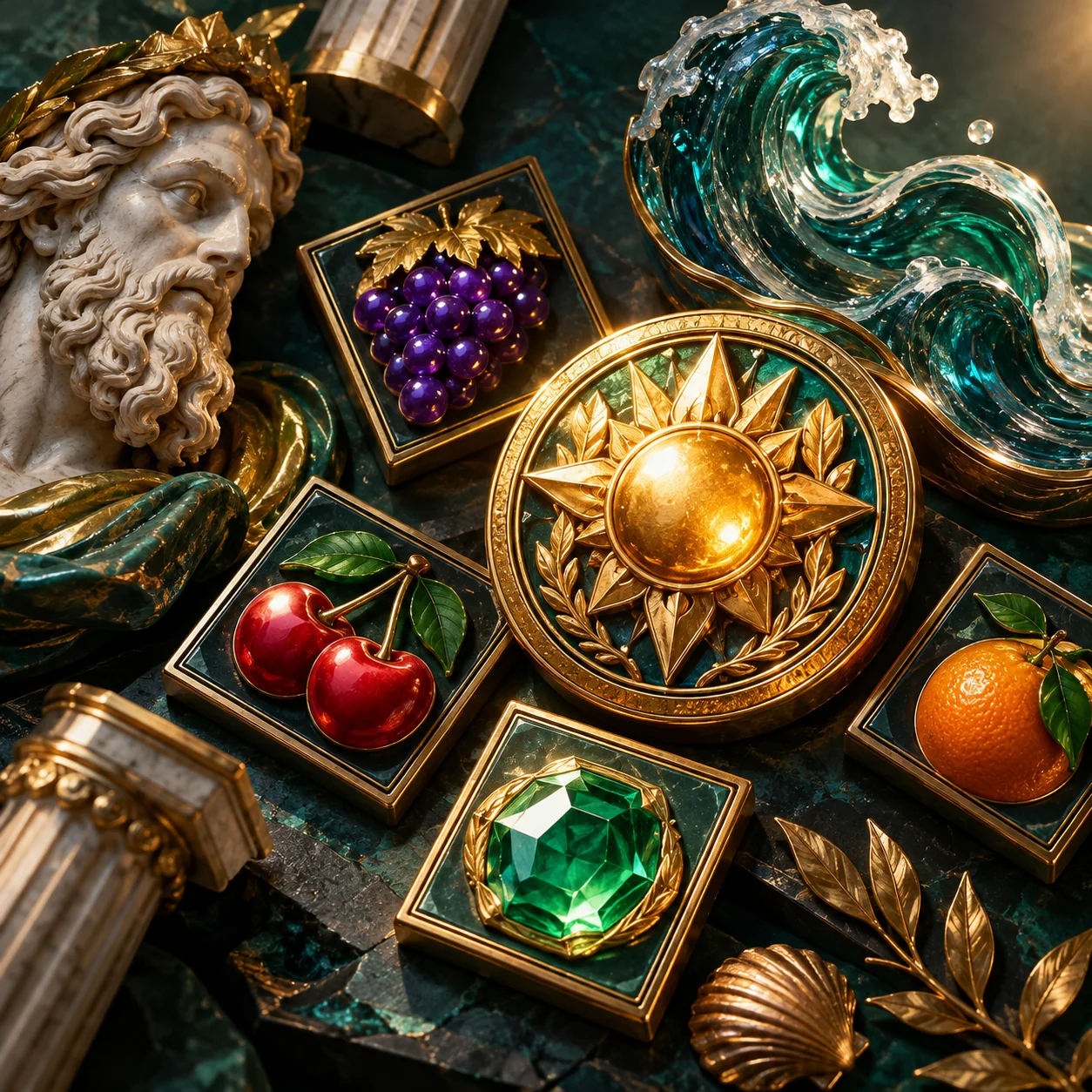 Supporting illustration: mythology, fruit and gem reel tiles beside a feature symbol and abstract volatility wave sculpture