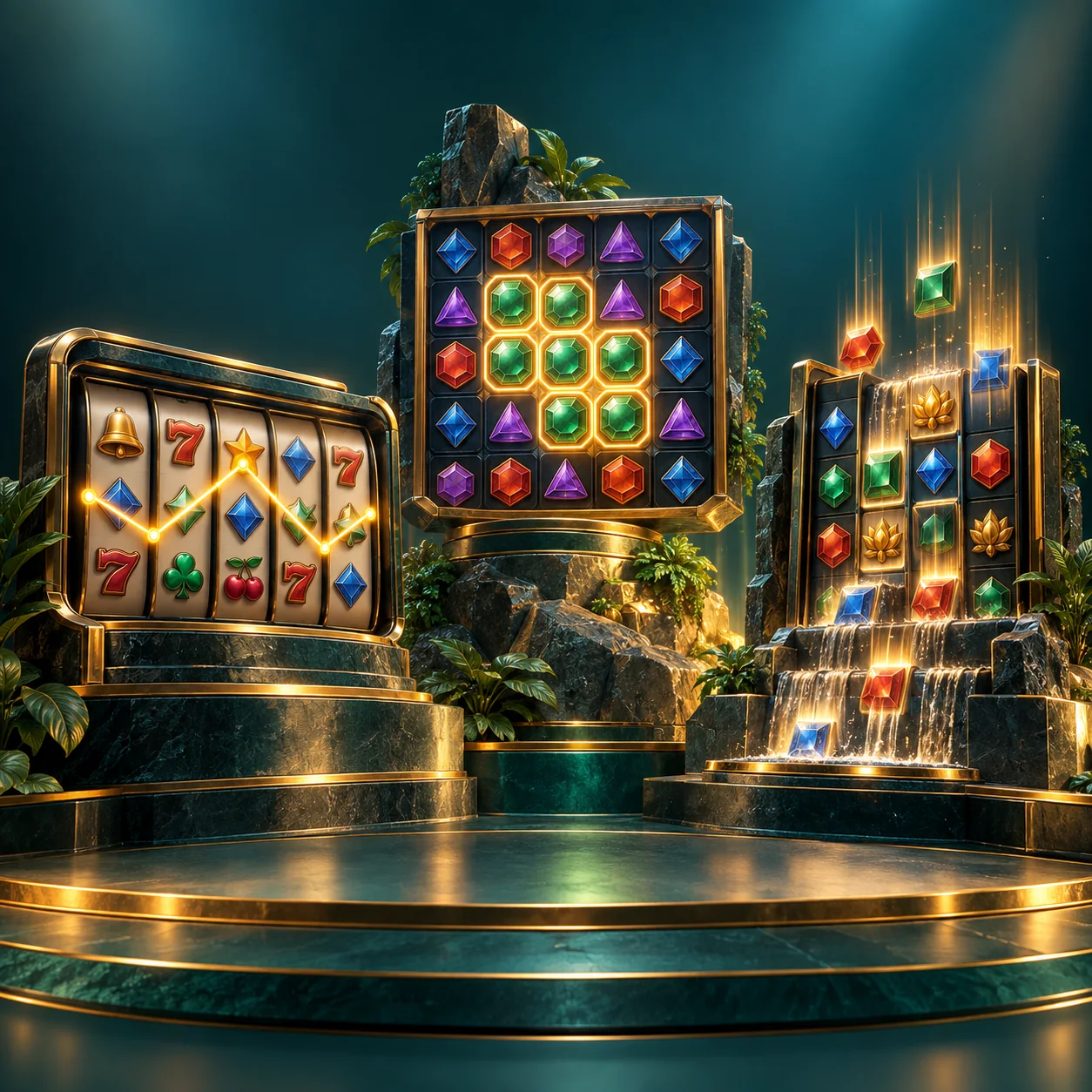 Editorial illustration: generic payline, cluster and cascading reel displays arranged as three sculptural examples
