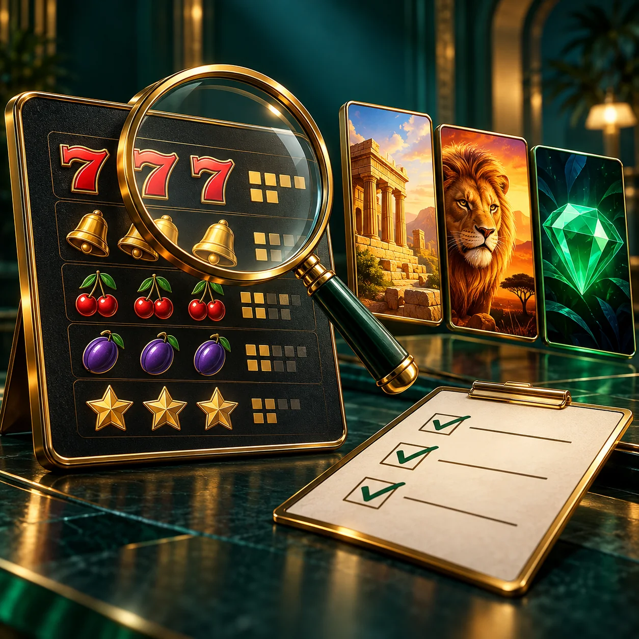 Editorial illustration: a magnifying glass over a generic slot paytable beside three game tiles and a checklist