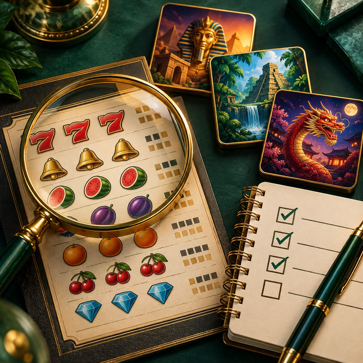 Supporting illustration: a magnifying glass over a generic slot paytable beside three game tiles and a checklist