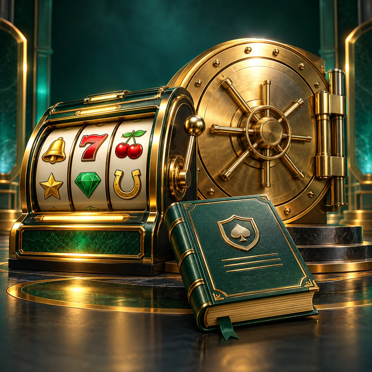 Editorial illustration: generic slot reels beside a closed golden prize vault and an eligibility rulebook