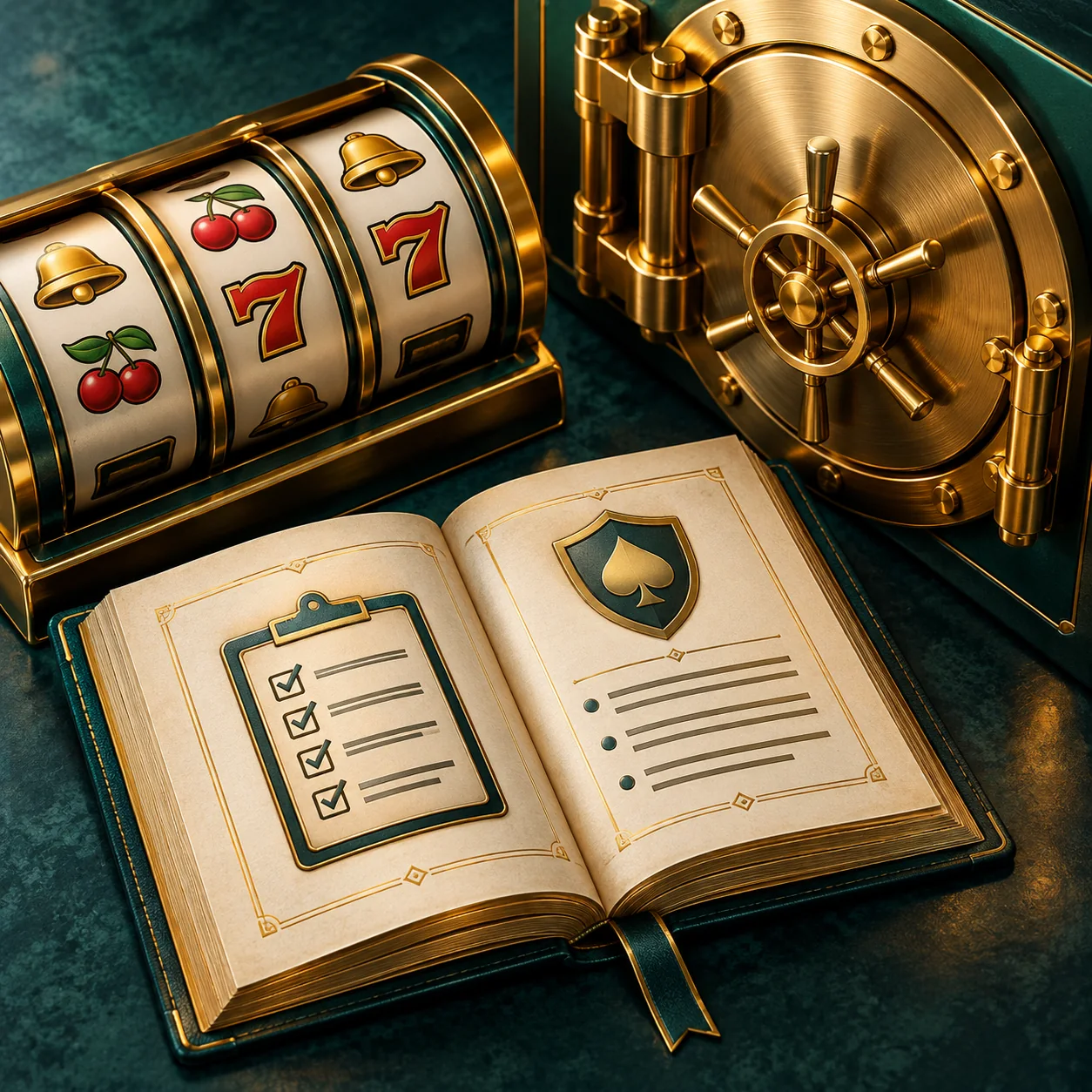 Supporting illustration: generic slot reels beside a closed golden prize vault and an eligibility rulebook