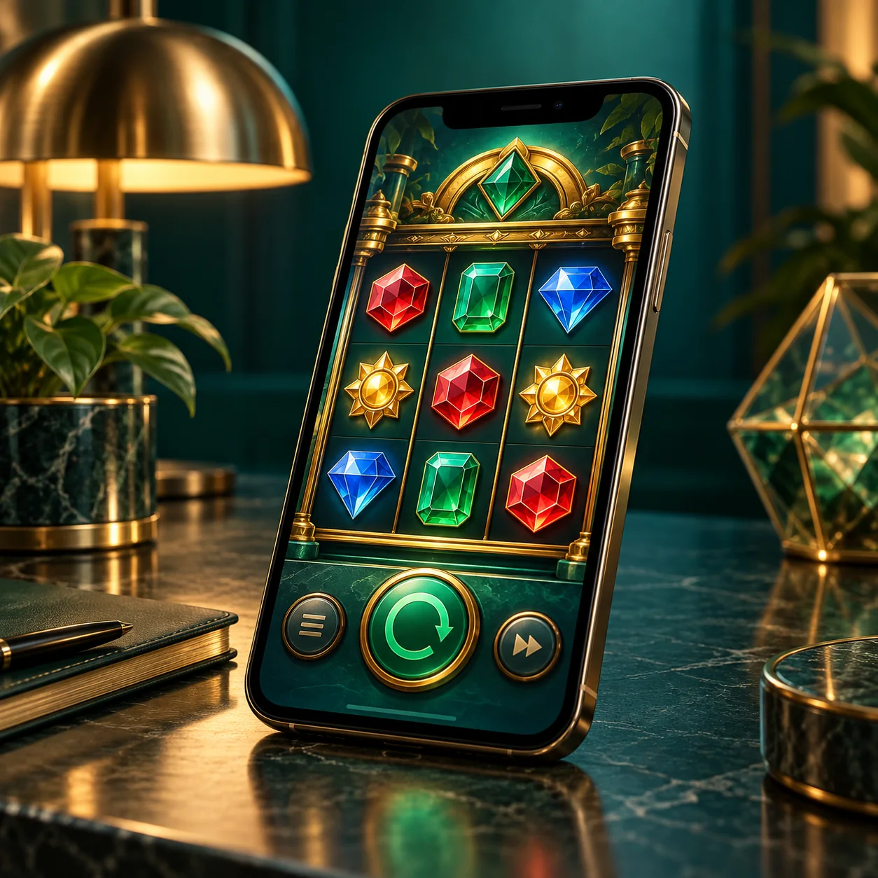 Editorial illustration: smartphone displaying generic jewel reels on a clean desktop with large visible control buttons