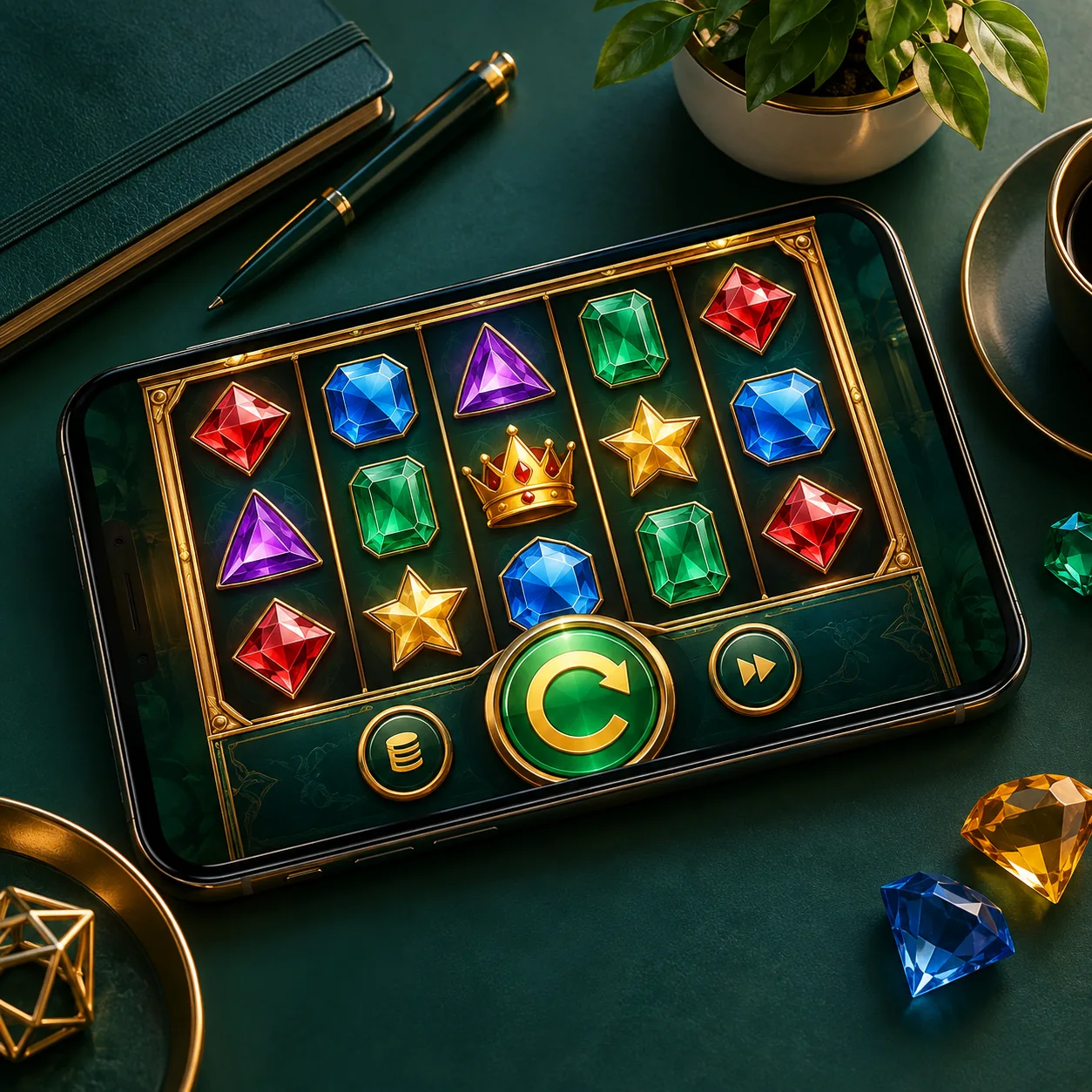 Supporting illustration: smartphone displaying generic jewel reels on a clean desktop with large visible control buttons