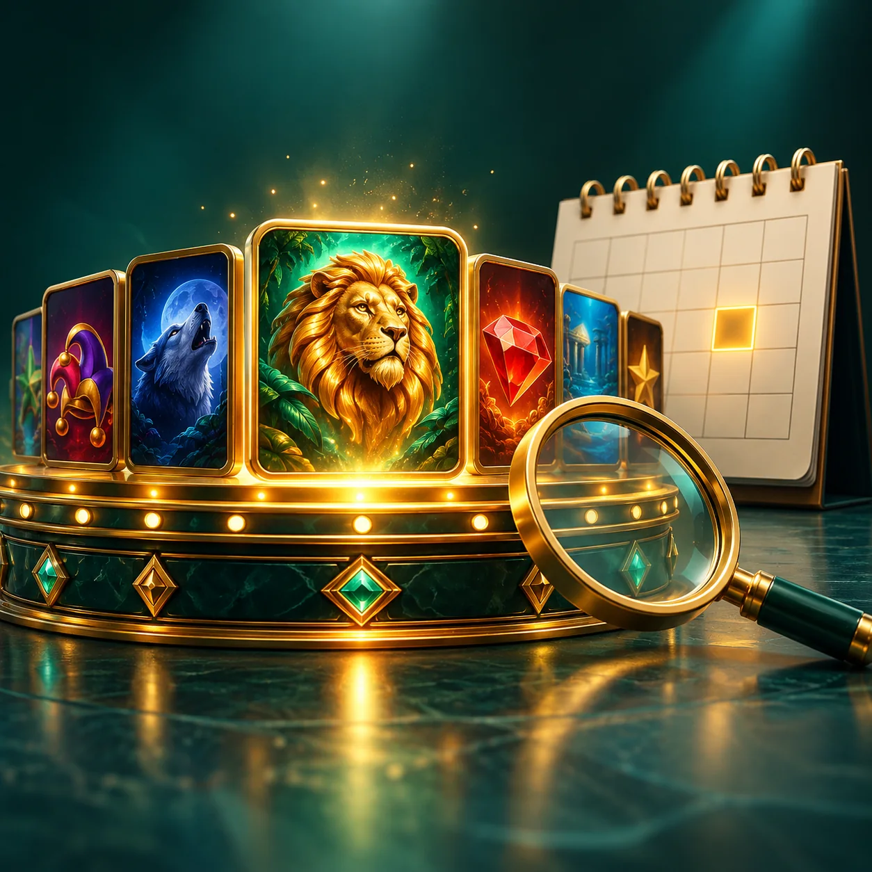 Editorial illustration: a generic game tile arriving on a carousel beside a calendar and magnifier