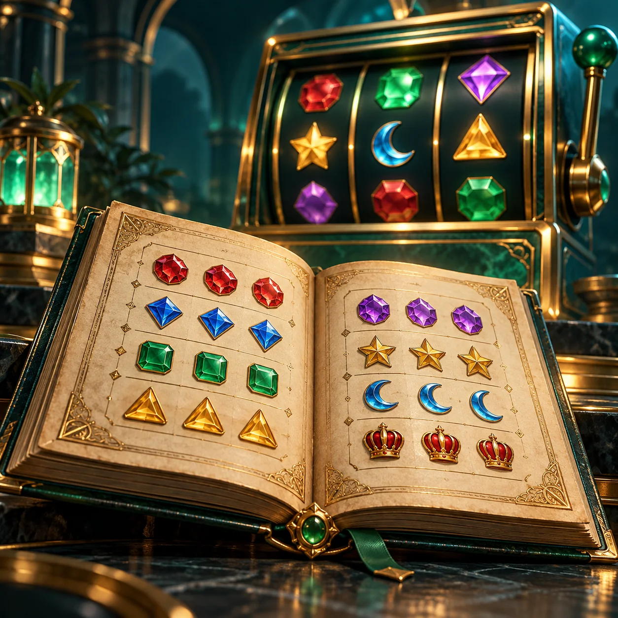Editorial illustration: an open illustrated rules book with jewel symbol combinations beside a generic slot screen