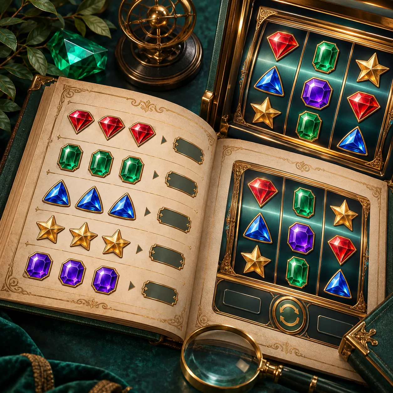 Supporting illustration: an open illustrated rules book with jewel symbol combinations beside a generic slot screen
