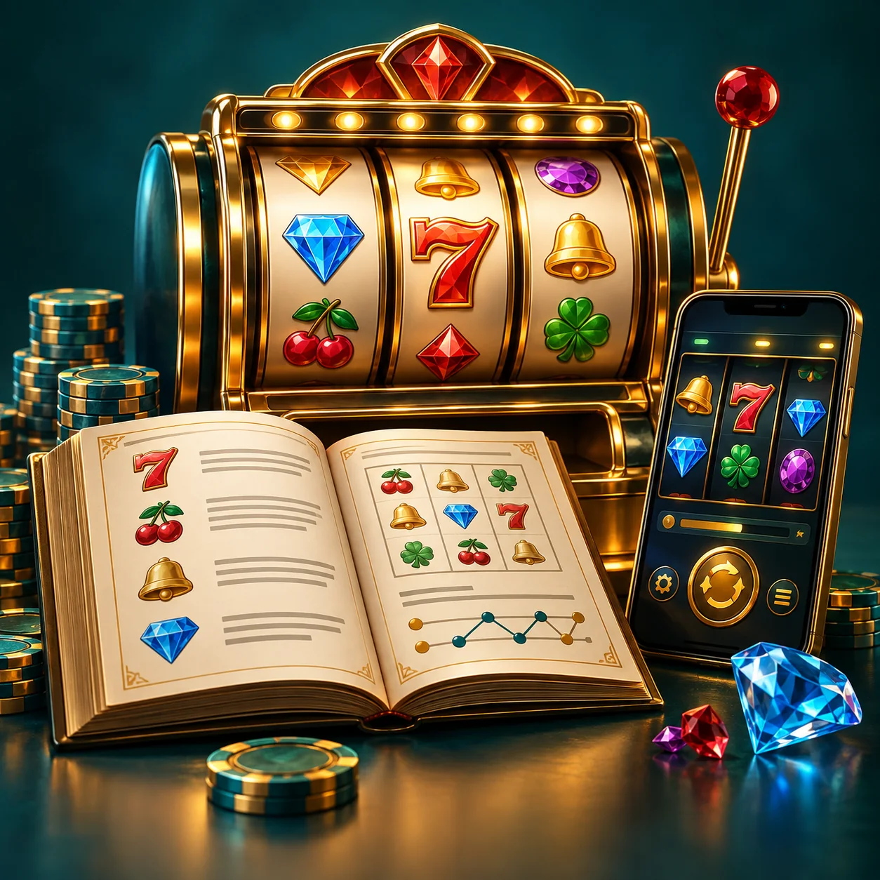 Editorial illustration: a jewel-reel slot machine beside an open rules booklet and smartphone