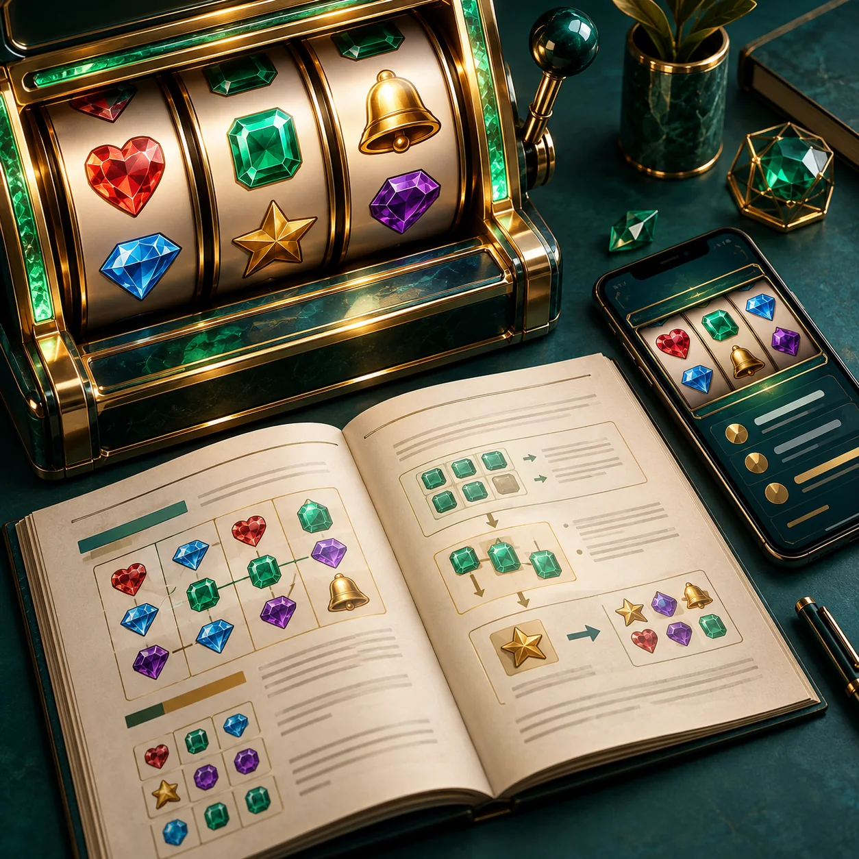 Supporting illustration: a jewel-reel slot machine beside an open rules booklet and smartphone