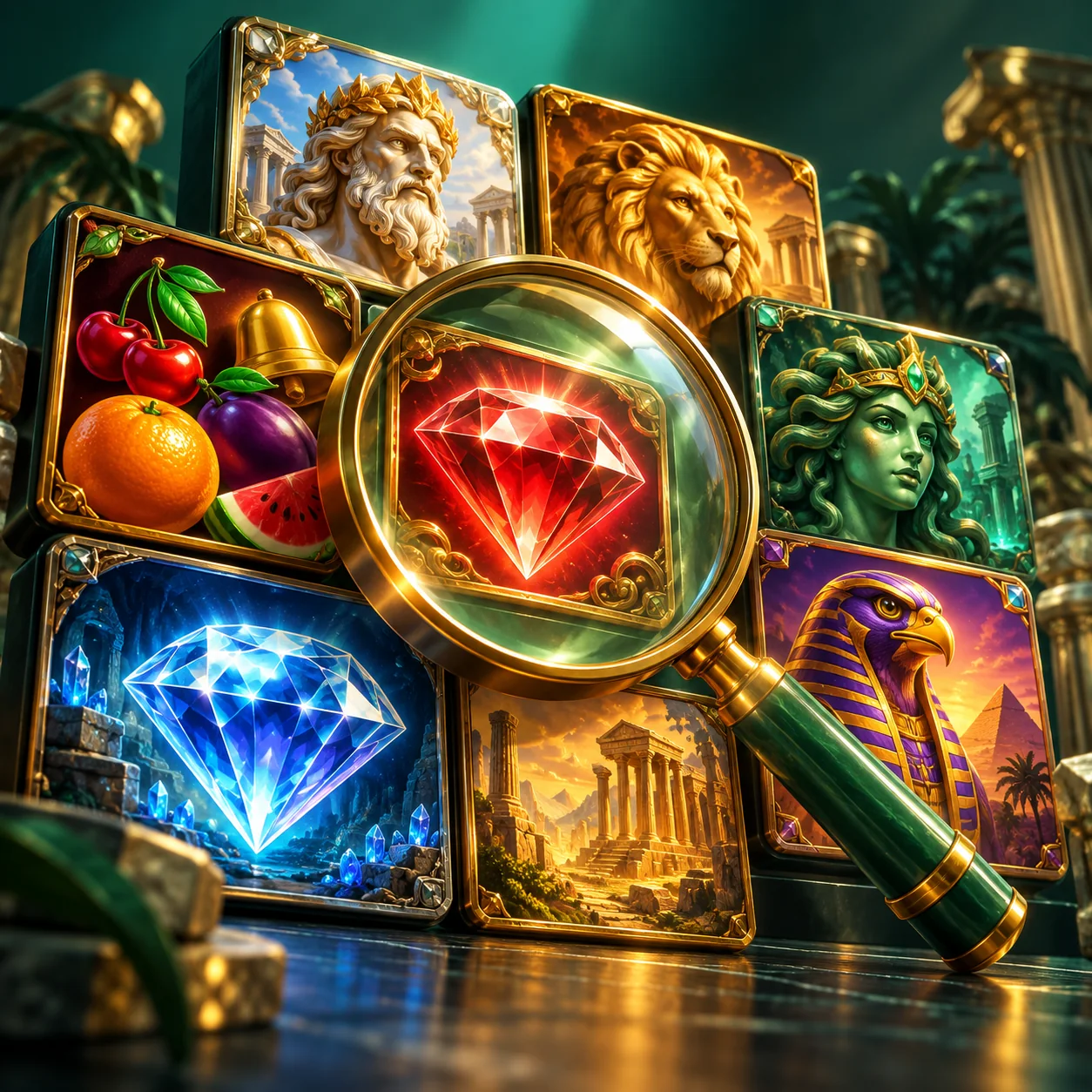 Editorial illustration: a mosaic of generic jewel, fruit and mythology slot tiles with a search magnifier, no rankings