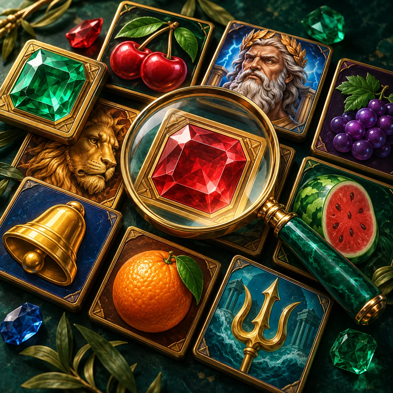 Supporting illustration: a mosaic of generic jewel, fruit and mythology slot tiles with a search magnifier, no rankings