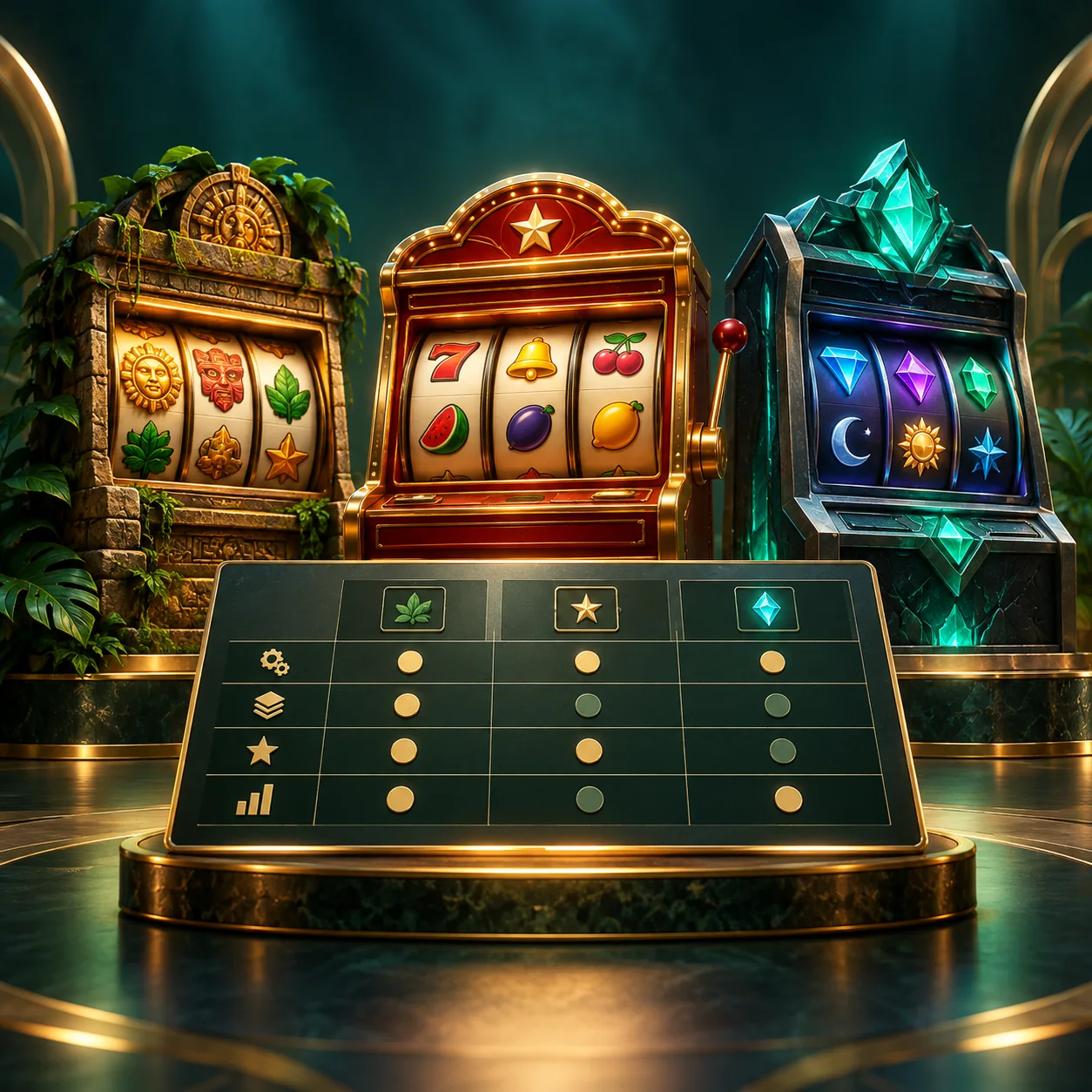 Editorial illustration: three generic reel displays with different visual styles beside a neutral comparison matrix