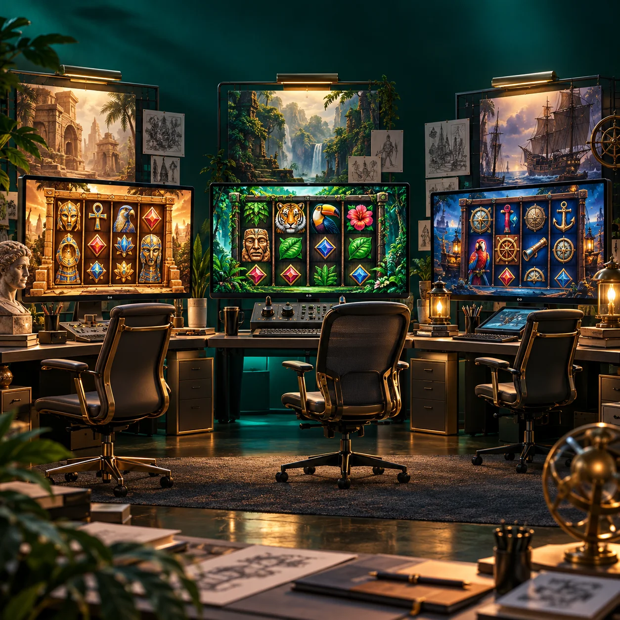 Editorial illustration: three distinct software studio workstations each displaying a different generic reel style