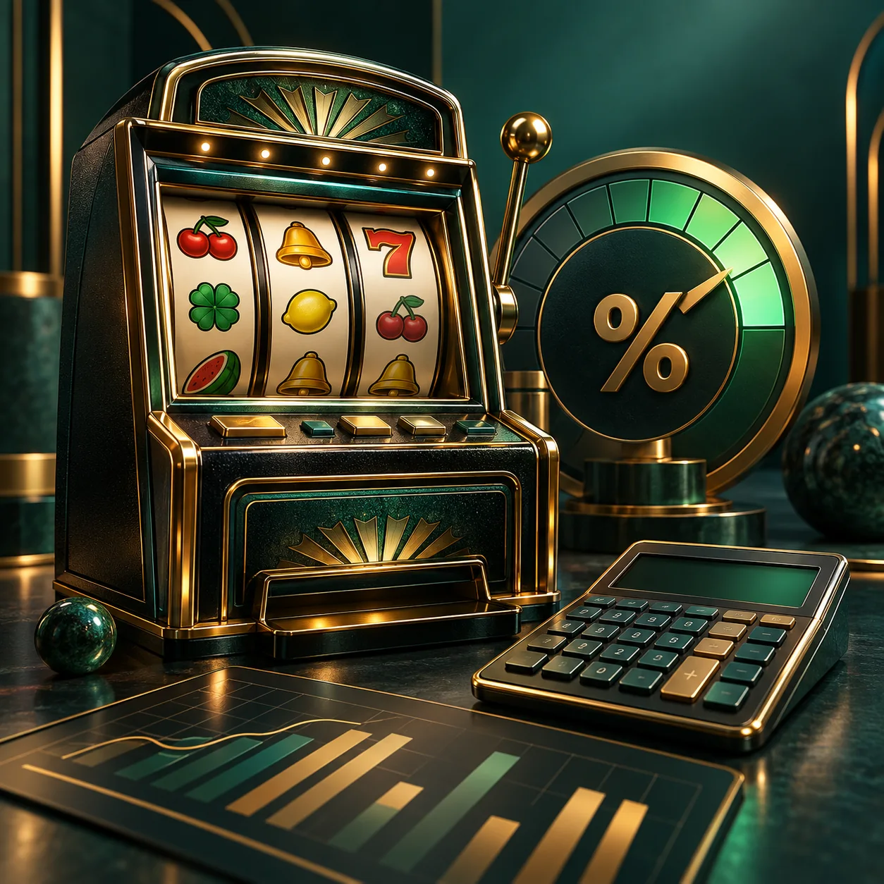 Editorial illustration: generic slot machine next to a calculator and conceptual percentage dial, no readable numbers