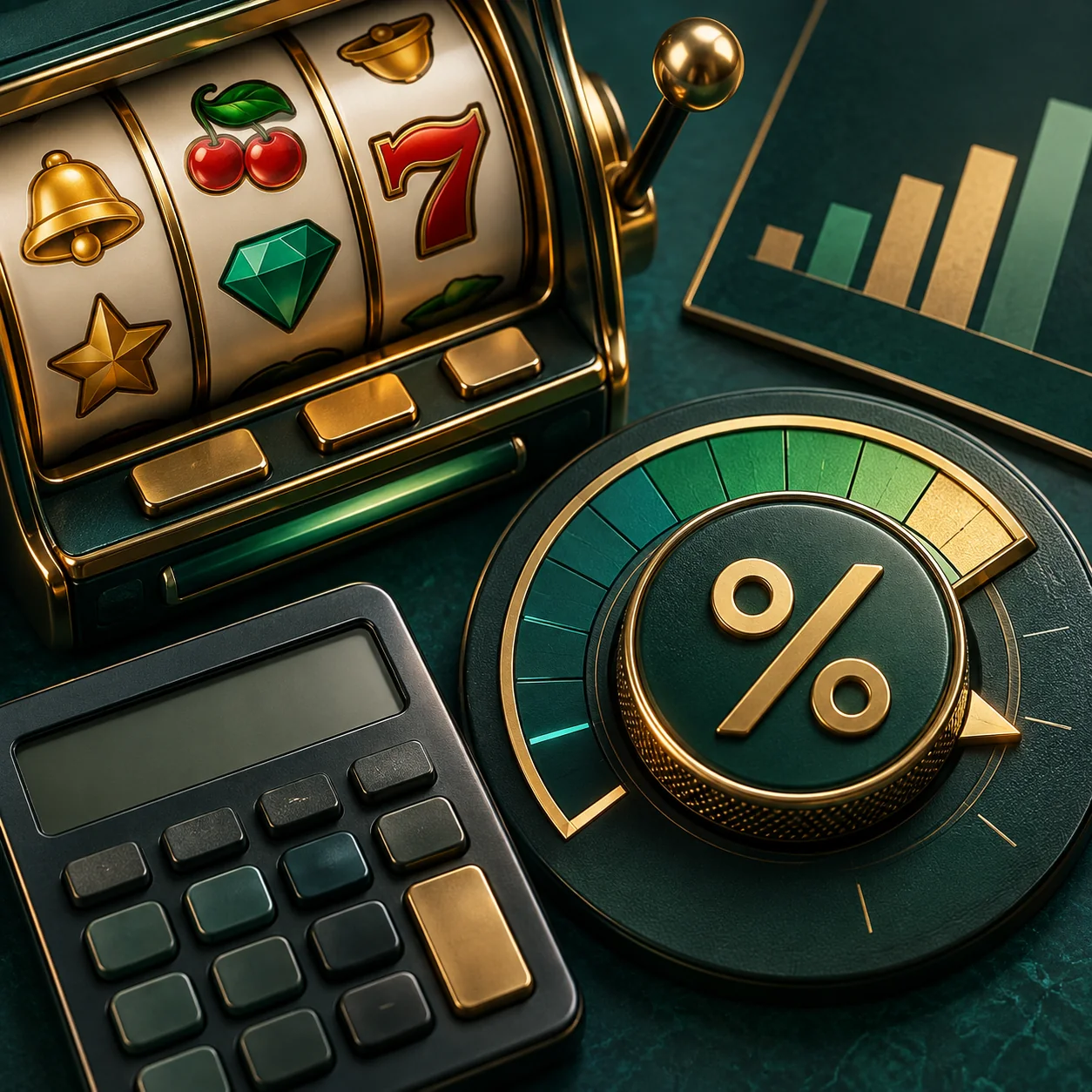 Supporting illustration: generic slot machine next to a calculator and conceptual percentage dial, no readable numbers
