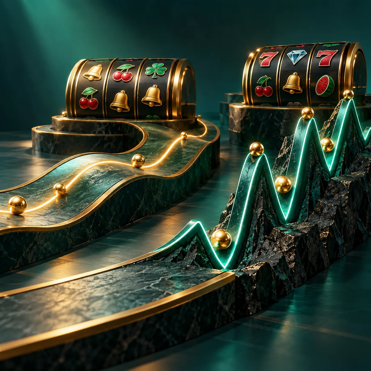 Editorial illustration: two abstract wave sculptures, one gently undulating and one sharply varying, beside generic slot reels