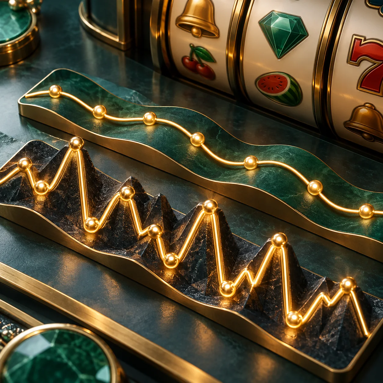 Supporting illustration: two abstract wave sculptures, one gently undulating and one sharply varying, beside generic slot reels