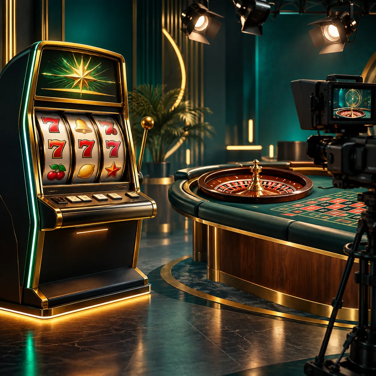 Editorial illustration: a generic slot machine beside a live roulette table and studio camera in a balanced comparison