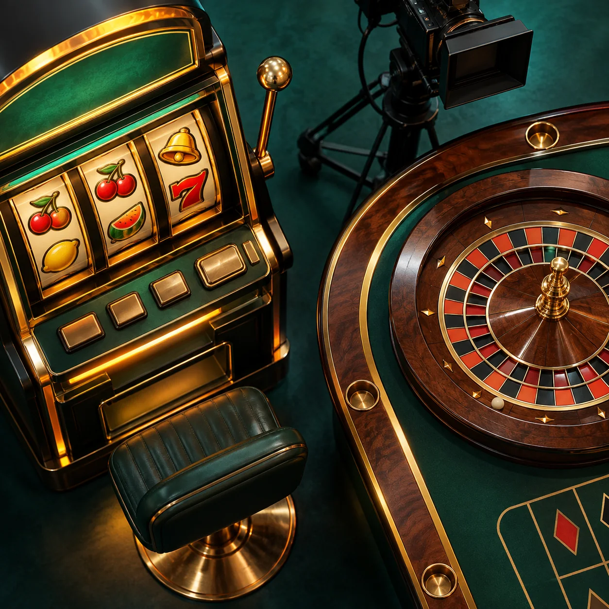 Supporting illustration: a generic slot machine beside a live roulette table and studio camera in a balanced comparison